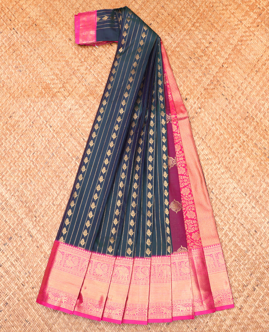Green Budget Silk Saree, Finely Detailed with Zari Buttas and Stripes All Over Its Body, Complemented by Contrast Traditional Zari Designs Woven Border, Grand Pallu and Paired with a Contrast Blouse