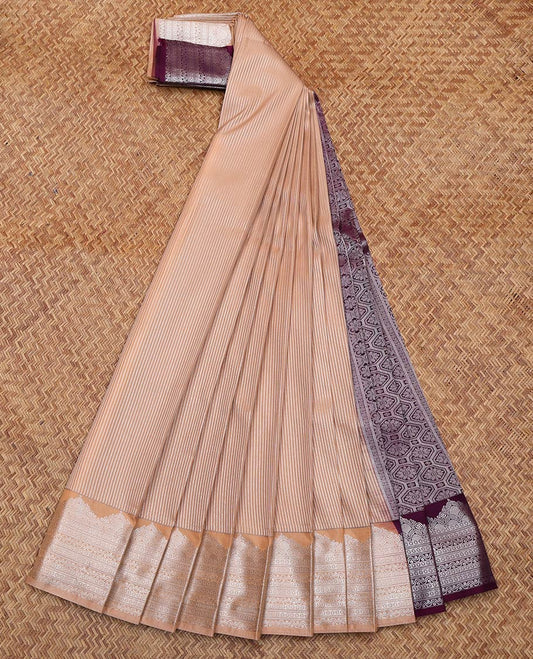 Light Sandal Budget Silk Saree, Subtly Enriched with Zari Stripes All Over Its Body, Complemented by Contrast Traditional Zari Designs Woven Border, Contrast Grand Pallu and Paired with a Contrast Blouse