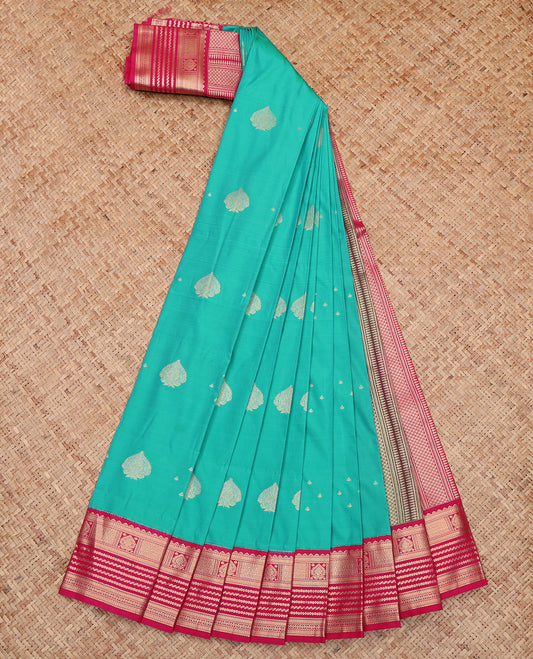 Blue Budget Silk Saree, Subtly Sparkled with Zari Buttas All Over Its Body, Complemented by a Contrast Traditional Zari Design-Woven Border, Gleaming Geometric-Patterned Pallu, and Paired with a Contrast Blouse