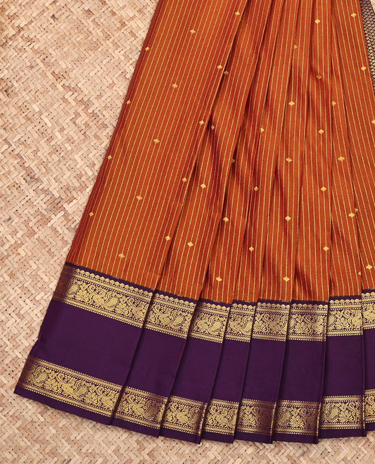 Orange Budget Silk Saree, Adorned with Butta and Stripes All Over Its Body, Complemented by a Contrast Traditional Zari Design Rettai Pettu Border, Intricate Pallu, and Paired with a Contrast Blouse
