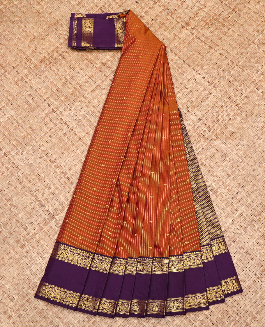 Orange Budget Silk Saree, Adorned with Butta and Stripes All Over Its Body, Complemented by a Contrast Traditional Zari Design Rettai Pettu Border, Intricate Pallu, and Paired with a Contrast Blouse