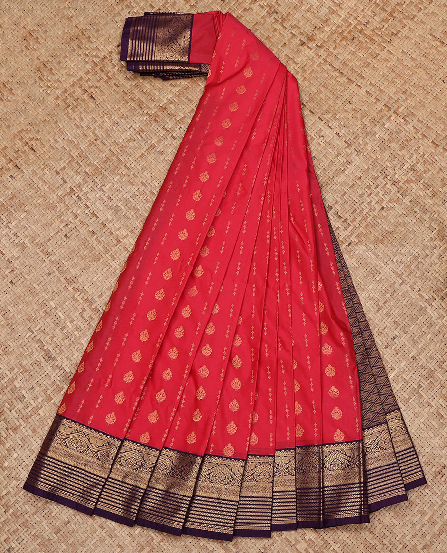Red Budget Silk Saree, Woven with Zari Buttas All Over Its Body, Complemented by a Contrast Traditional Zari Border, Grand Jaal Pallu, and Paired with a Contrast Blouse