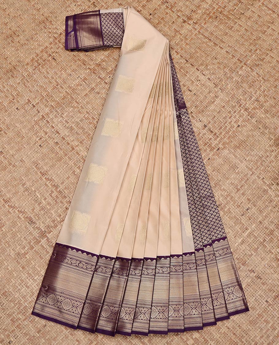 Beige Budget Silk Saree, Sparsely Woven with Zari Buttas on Its Body, Complemented by a Contrast Traditional Zari Design Border, Grand Jaal Pallu, and Paired with a Contrast Blouse