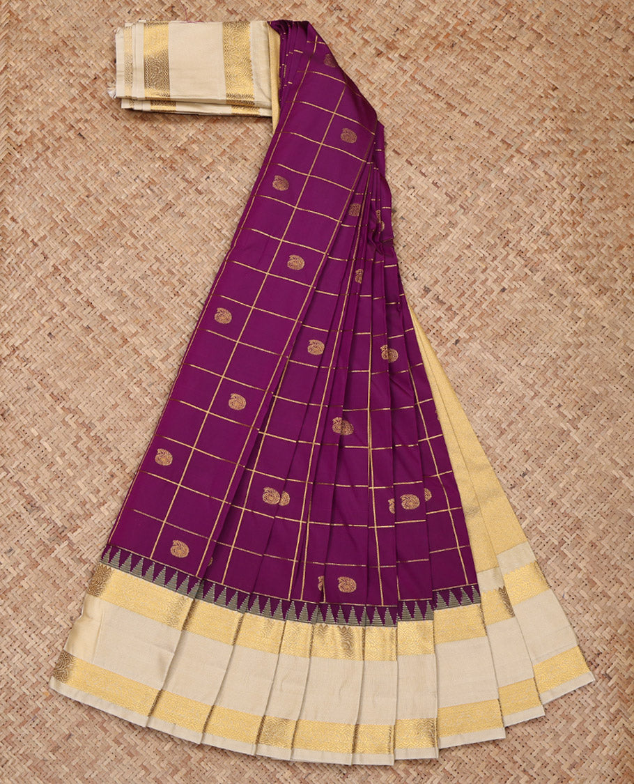 Purple Budget Silk Saree, Woven with Zari Butta Enclosed Checked Design on Its Body, Complemented by a Contrast Traditional Zari Design Rettai Pettu Temple Border, Pallu of Jaal Designs, and Paired with a Contrast Blouse