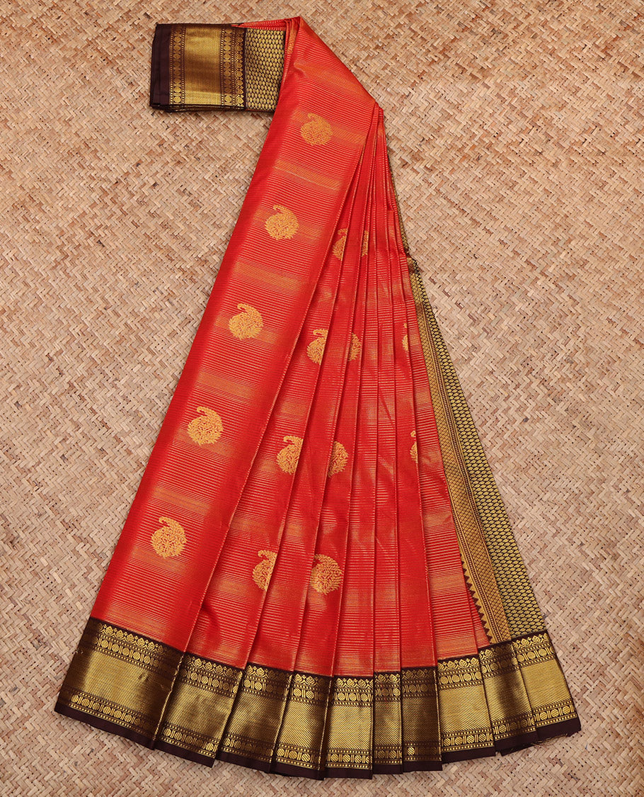 Red Budget Silk Saree, Richly Detailed with Zari Buttas and Stripes, Complemented by Contrast Traditional Border, Grand Pallu and a Contrast Blouse