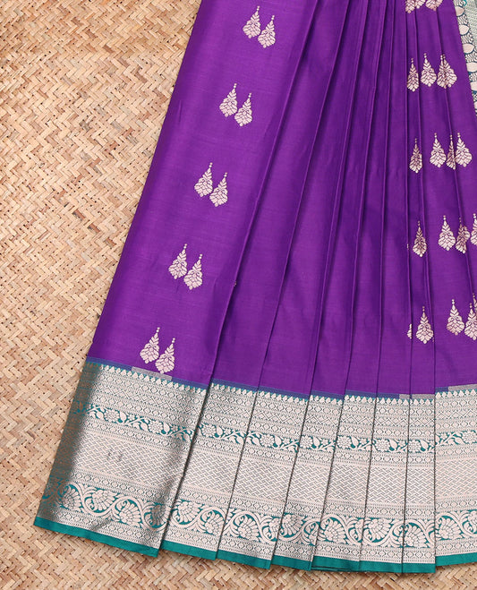 Violet Budget Silk Saree, Highlighted by Zari Buttas, Complemented by a Contrast Traditional Zari Border, Intricately Designed Pallu, and a Contrast Blouse