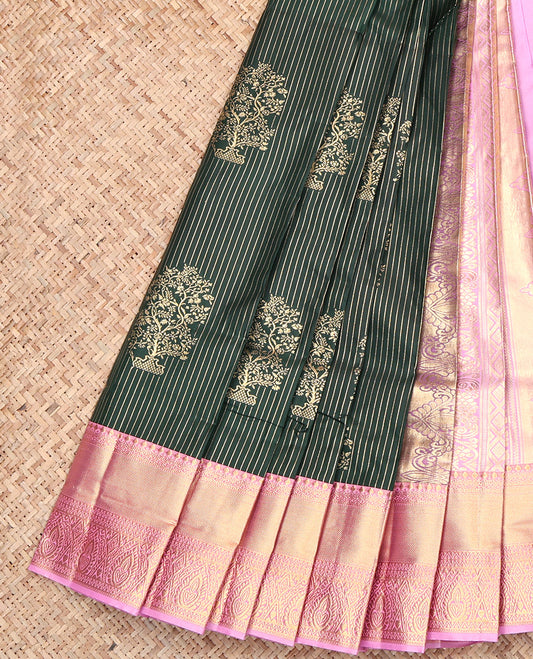 Green Budget Silk Saree, Adorned with Zari Buttas and Stripes, Contrast Traditional Zari Border, Jaal Pallu, and a Contrast Blouse
