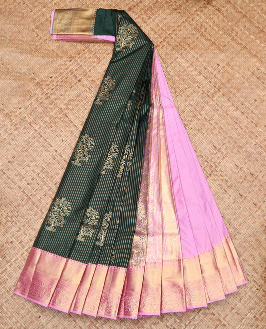 Green Budget Silk Saree, Adorned with Zari Buttas and Stripes, Contrast Traditional Zari Border, Jaal Pallu, and a Contrast Blouse