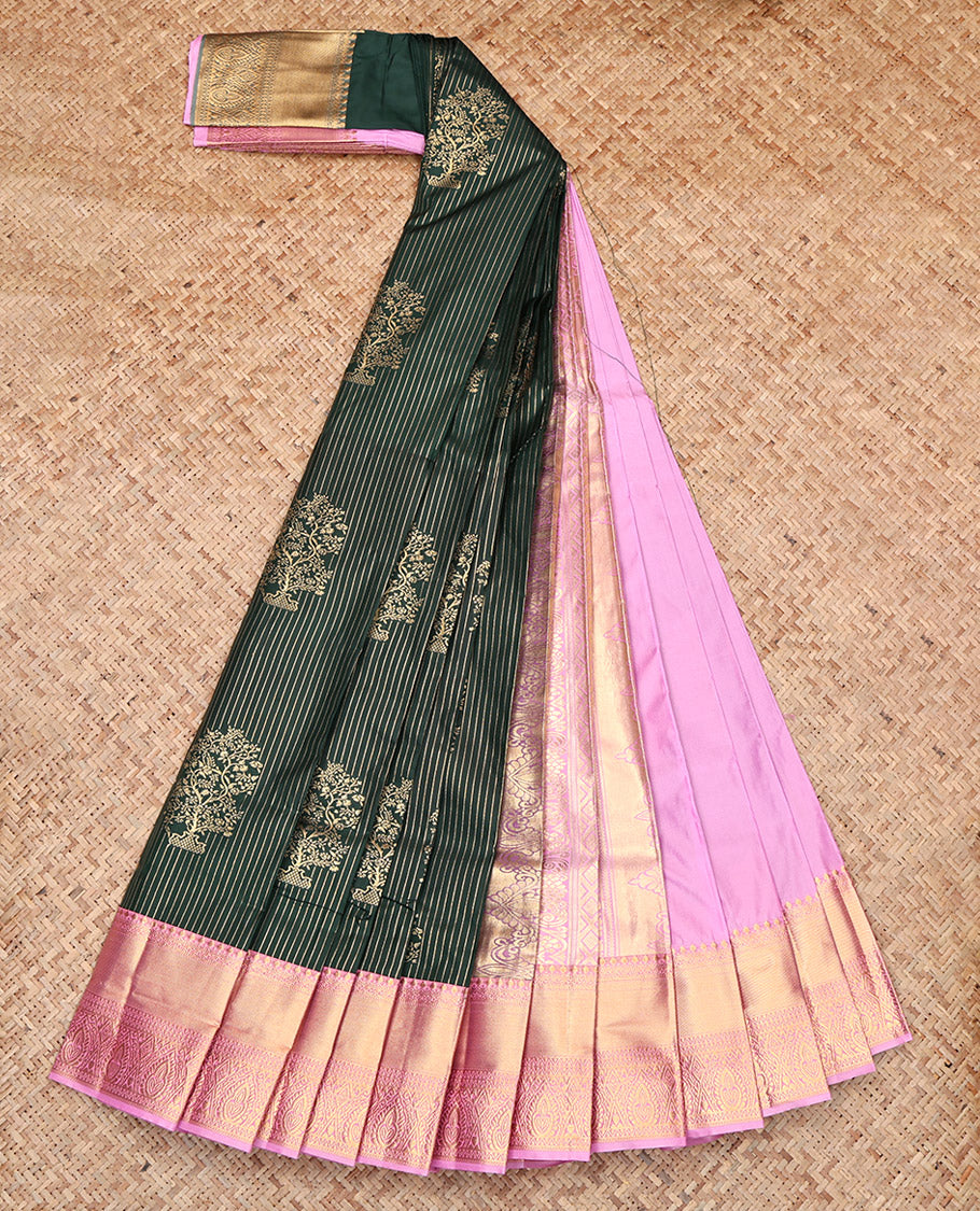 Green Budget Silk Saree, Adorned with Zari Buttas and Stripes, Contrast Traditional Zari Border, Jaal Pallu, and a Contrast Blouse