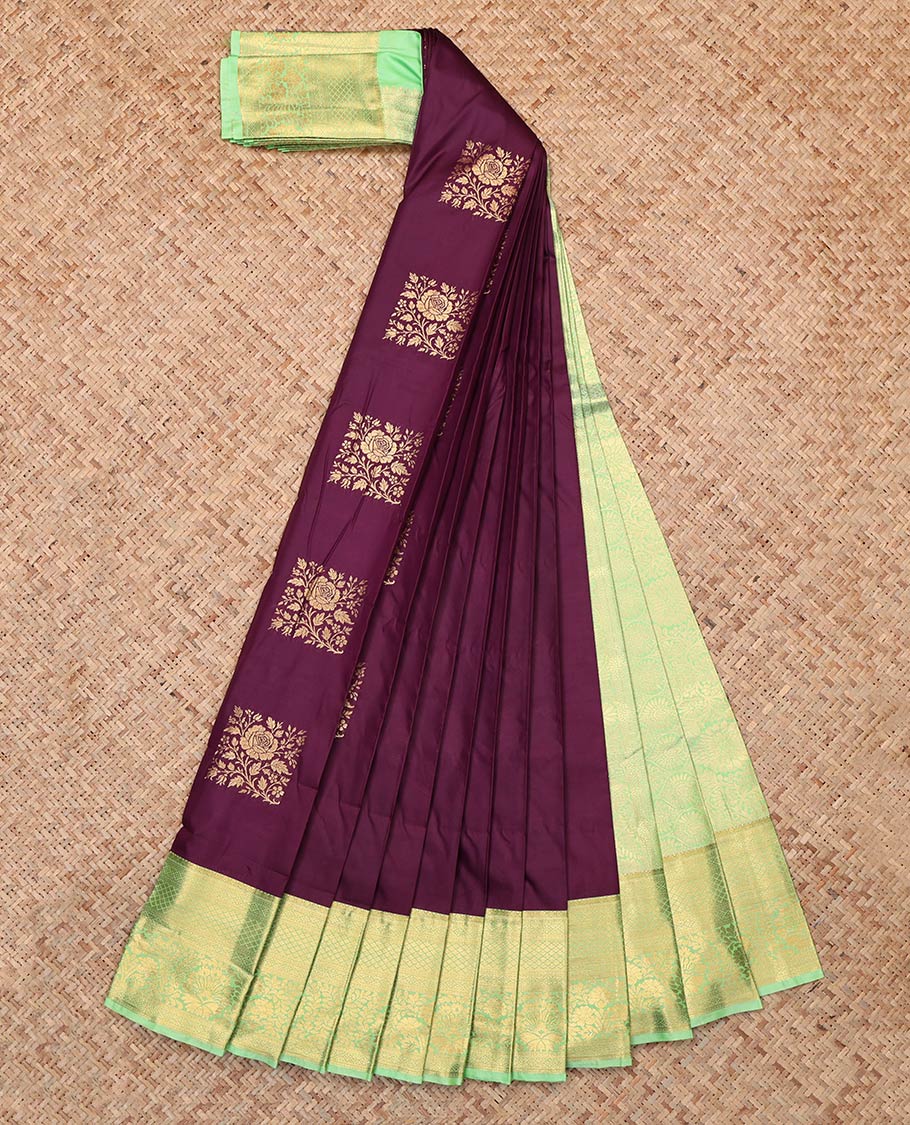 Brown Budget Silk Saree, Spotlighted with Zari Buttas, Complemented by Contrast Traditional Zari Border, Grand Pallu and a Contrast Blouse