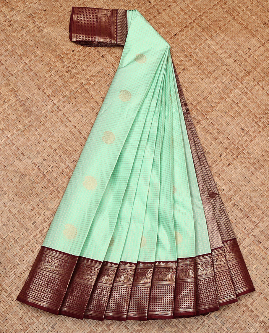 Turquoise Budget Silk Saree, Subtly Enriched with Zari Buttas and Checks, Complemented by Contrast Traditional Zari Border, Jaal Pallu, and a Contrast Blouse