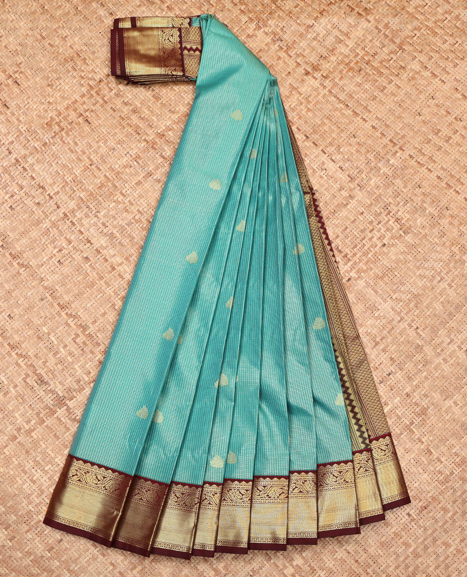 Green Budget Silk Saree, Mesmerized with Zari Buttas and Checks, Complemented by a Contrast Traditional Zari Border, Geometric Pallu, and a Contrast Blouse