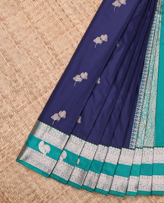 Blue Budget Silk Saree, Bedecked with Zari Buttas, Complemented by a Contrast Traditional Zari Border, Grand Pallu, and Contrast Blouse