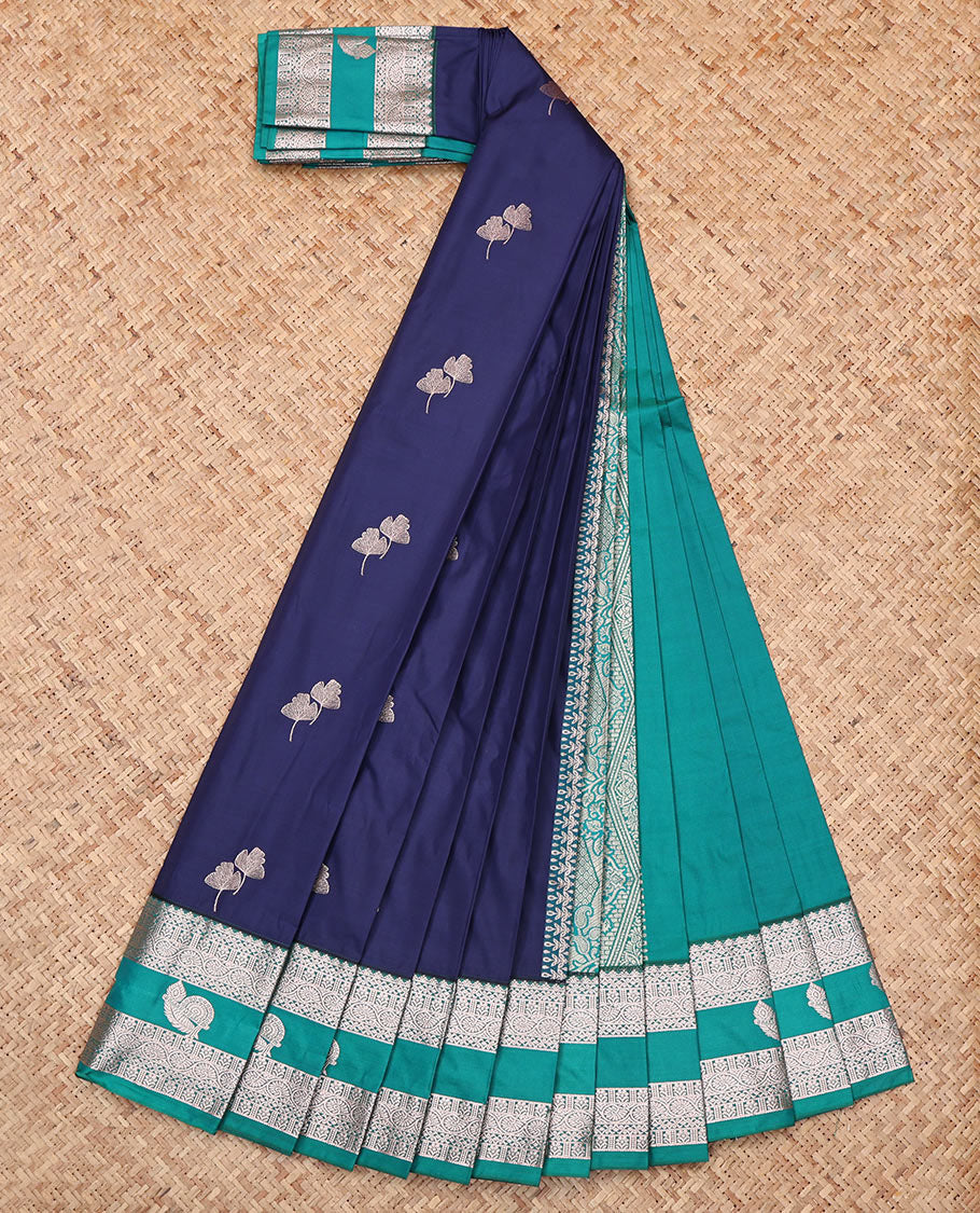 Blue Budget Silk Saree, Bedecked with Zari Buttas, Complemented by a Contrast Traditional Zari Border, Grand Pallu, and Contrast Blouse