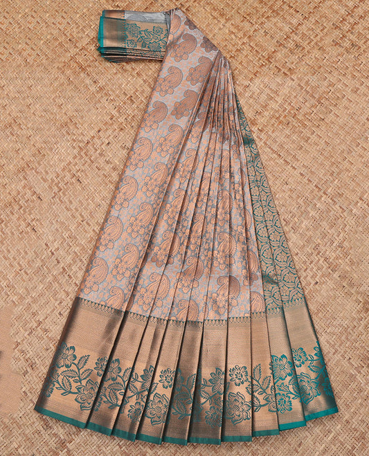 Grey Budget Silk Saree, Accentuated with a Jacquard Design, Complemented by a Contrast Floral Creeper Zari Border, Grand Pallu, and Contrast Blouse