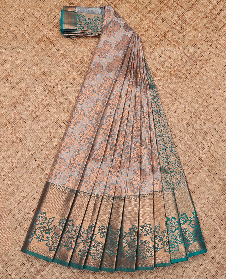 Grey Budget Silk Saree, Accentuated with a Jacquard Design, Complemented by a Contrast Floral Creeper Zari Border, Grand Pallu, and Contrast Blouse