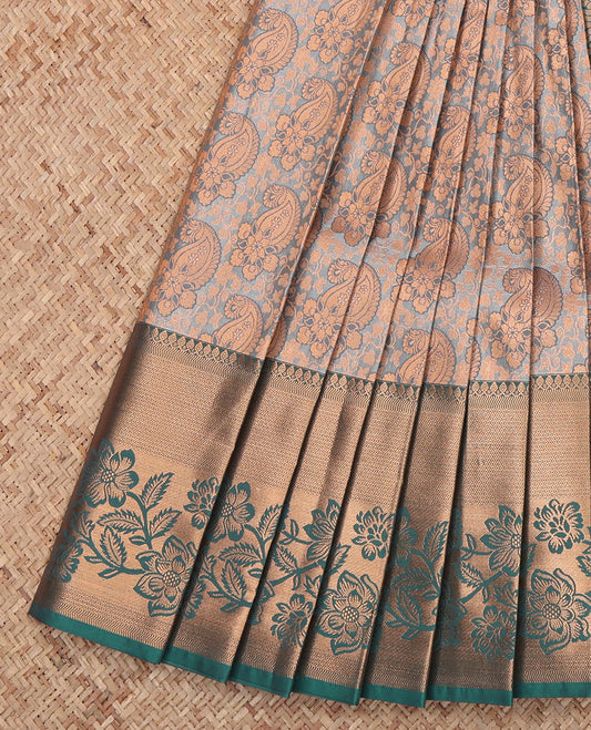Grey Budget Silk Saree, Accentuated with a Jacquard Design, Complemented by a Contrast Floral Creeper Zari Border, Grand Pallu, and Contrast Blouse
