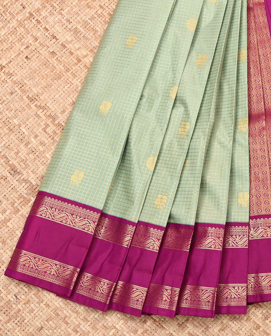 Green Budget Silk Saree, Subtly Sparkled with Zari Buttas and Checks, Complemented by a Contrast Traditional Rettai Pettu Ganga-Jamuna Border, Intricate Pallu, and Contrast Blouse