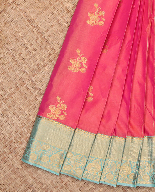 Pink Budget Silk Saree, Accentuated with Zari Buttas, Complemented by a Contrast Traditional Zari Border, Jaal Pallu, and a Contrast Blouse