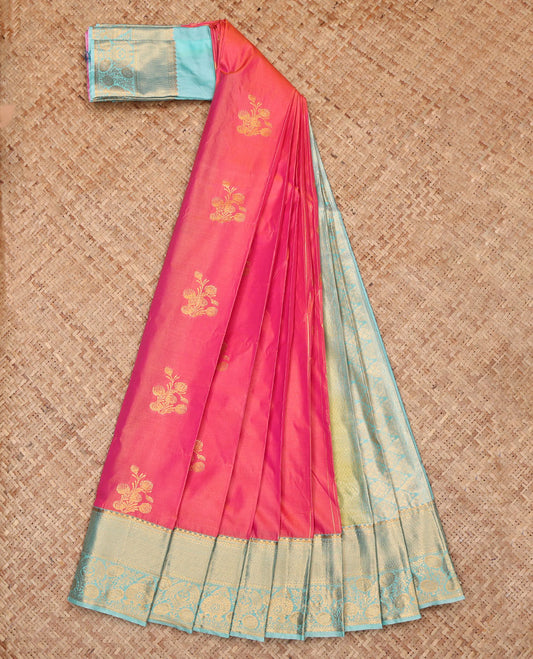 Pink Budget Silk Saree, Accentuated with Zari Buttas, Complemented by a Contrast Traditional Zari Border, Jaal Pallu, and a Contrast Blouse
