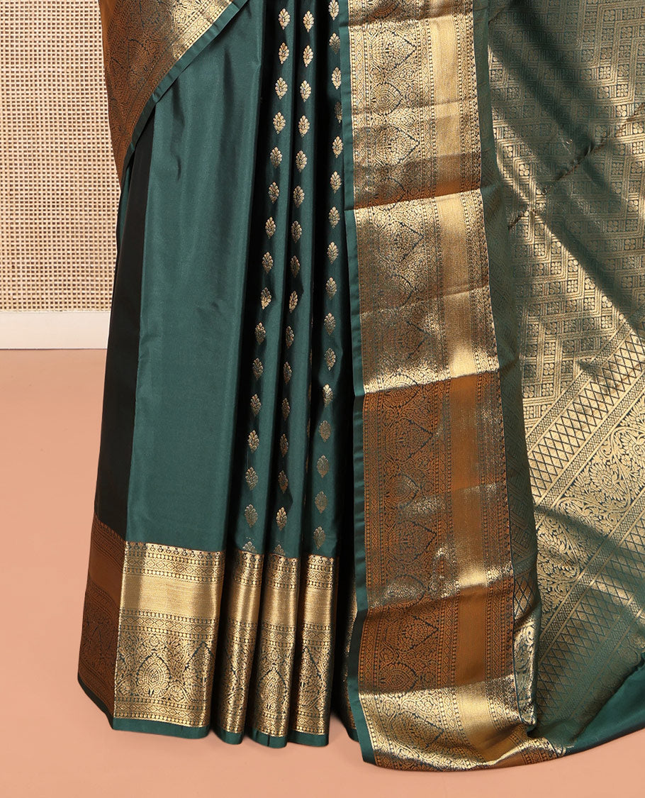 Green Budget Silk Saree, Steeped in Richness of Zari Buttas, Highlighted by a Traditional Border, Grand Pallu, and a Matching Blouse