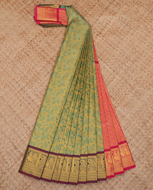 Pista Green Budget Silk Saree, Styled with Jacquard Design, a Contrast Traditional Zari Border, Grand Pallu, and a Contrast Blouse