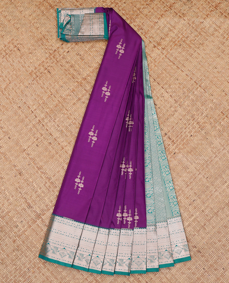 Purple Budget Silk Saree, Bedecked with Zari Buttas, Complemented by a Contrast Traditional Zari Border, Jaal Pallu, and a Contrast Blouse