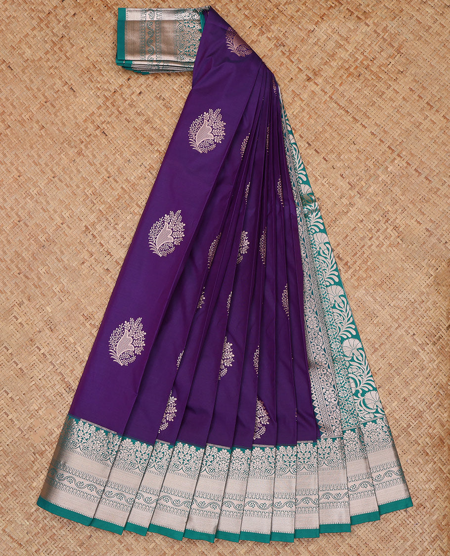 Violet Budget Silk Saree, Enriched with Zari Buttas, a Contrast Traditional Border, Grand Pallu, and a Contrast Blouse