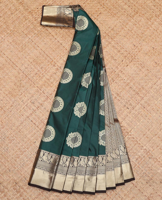 Green Budget Silk Saree, Showcasing with Floral-Circular Buttas, a Contrast Traditional Peacock Zari Border, a Grand Pallu and a Contrast Blouse