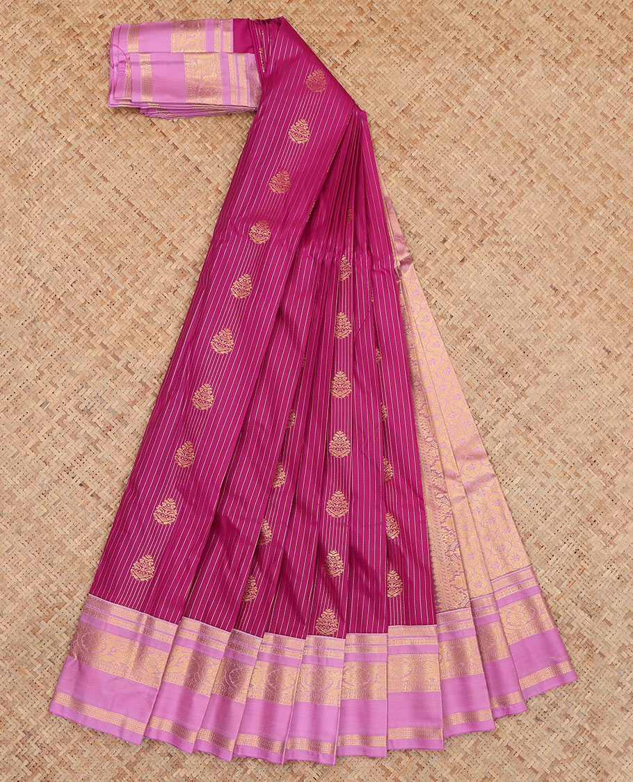 Purple Budget Silk Saree, Detailed with Zari Buttas and Stripes, Complemented by Contrast Traditional Rettai Pettu Border, a Jaal Pallu and a Contrast Blouse