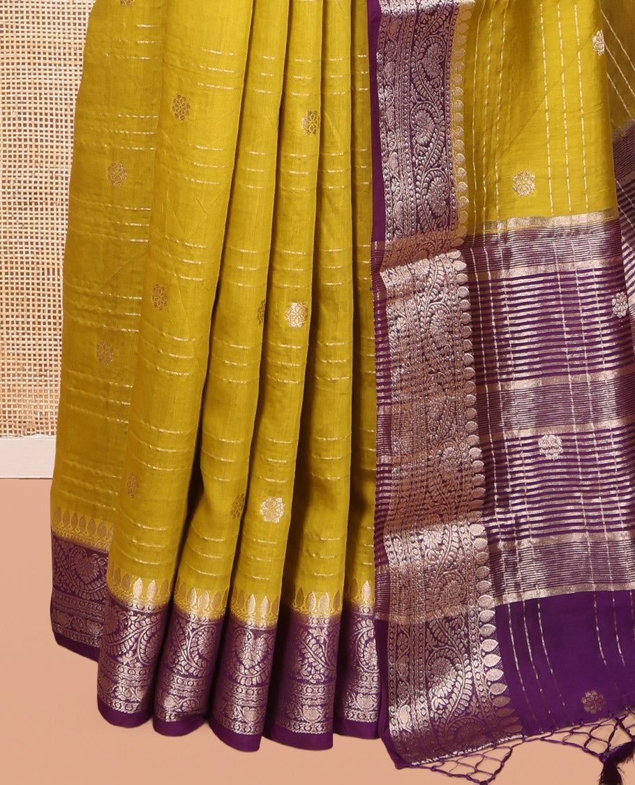 Green Assam Silk Saree, Enriched with Zari Buttas and Stripes, Complemented by Contrast Floral Creeper Zari Border,  Zari Woven Pallu, and Contrast Blouse