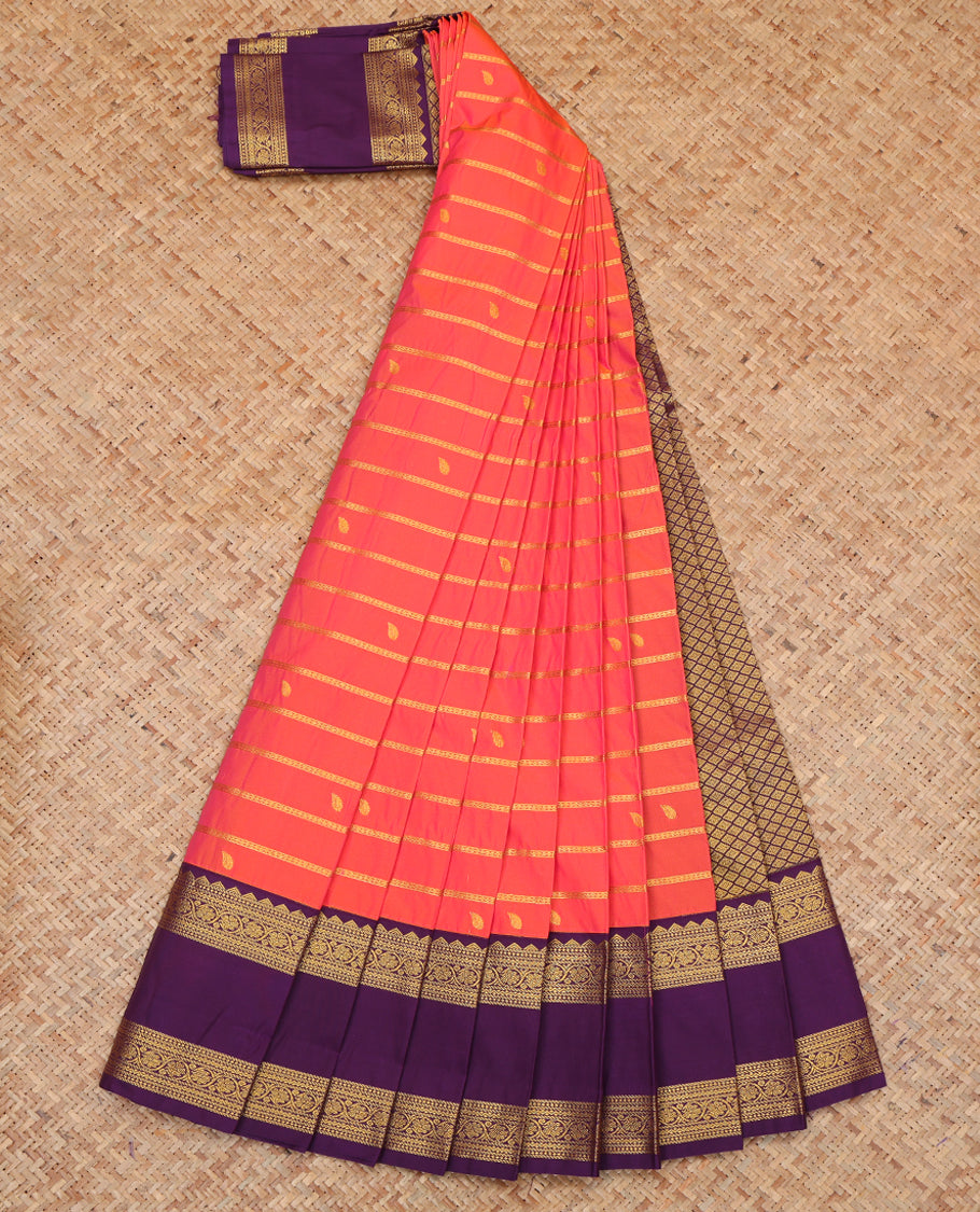Pink Budget Silk Saree, Prettified with Zari Buttas and Neli Stripes, a Contrast Traditional Zari Rettai Pettu Border, Grand Pallu, and a Contrast Blouse