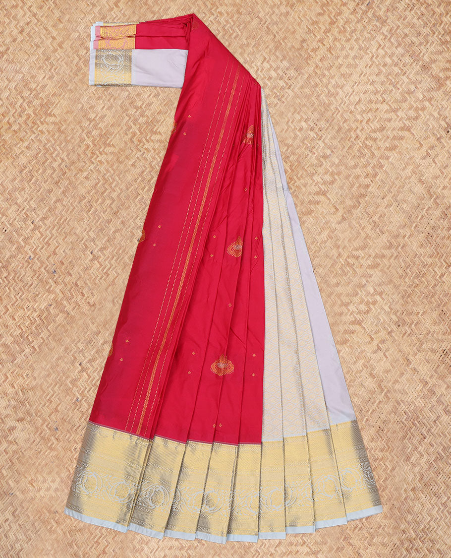 Red Budget Silk Saree, Accentuated with Zari Buttas and Stripes, a Contrast Traditional Zari Border, Grand Pallu, and a Contrast Blouse