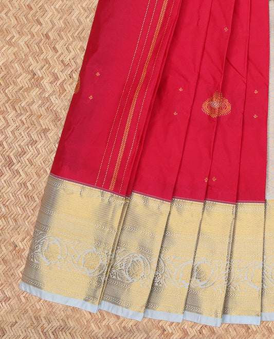 Red Budget Silk Saree, Accentuated with Zari Buttas and Stripes, a Contrast Traditional Zari Border, Grand Pallu, and a Contrast Blouse