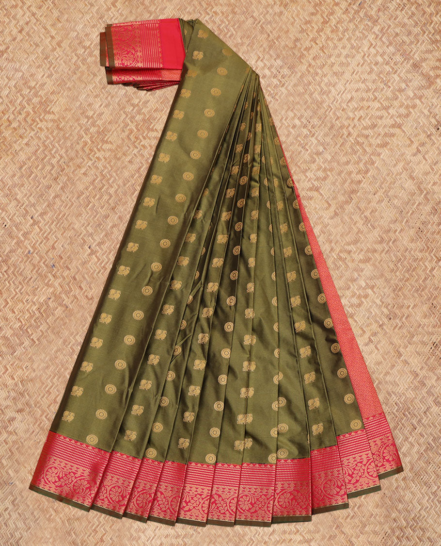 Green Budget Silk Saree, Gleamed Up with Peacock-Chakram Buttas, a Contrast Floral Creeper Border, Intricate Pallu, and a Contrast Blouse