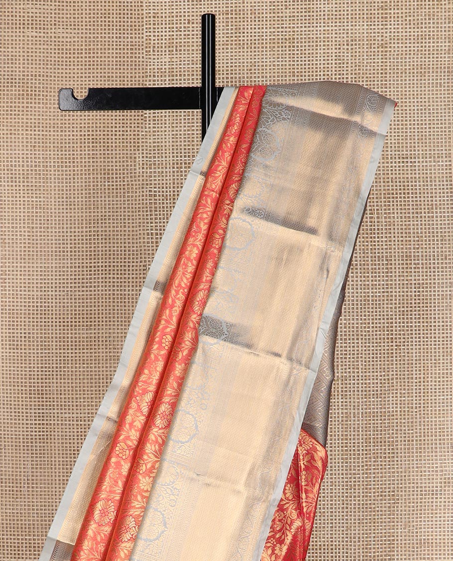 Red floral jacquard budget silk saree, contrast traditional zari border, and zari rich pallu