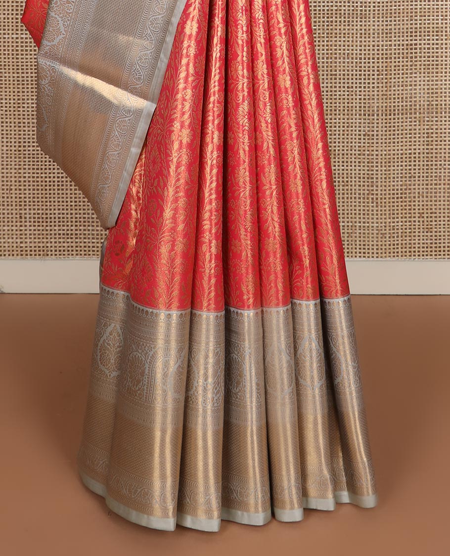 Red floral jacquard budget silk saree, contrast traditional zari border, and zari rich pallu