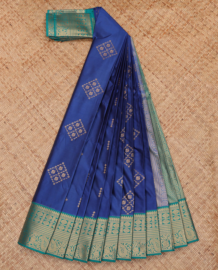 Blue Budget Silk Saree, Enthralled with Zari Buttas, a Contrast Traditional Zari Border, Grand Pallu, and a Contrast Blouse