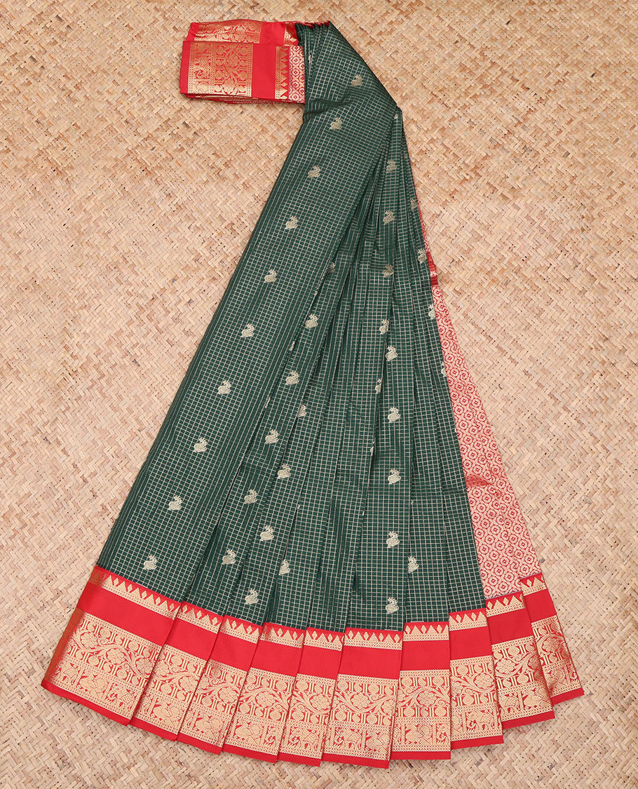 Bottle Green Zari Butta and Checks Budget Silk Saree