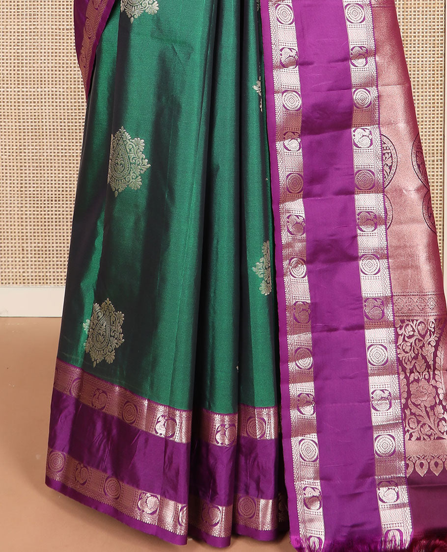 Green zari buttas budget silk saree, contrast rettai pettu traditional zari border, and intricately designed pallu