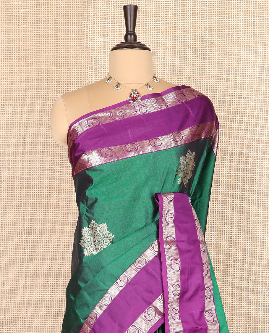 Green zari buttas budget silk saree, contrast rettai pettu traditional zari border, and intricately designed pallu