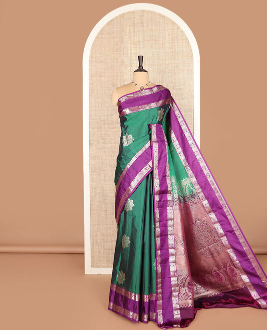 Green zari buttas budget silk saree, contrast rettai pettu traditional zari border, and intricately designed pallu