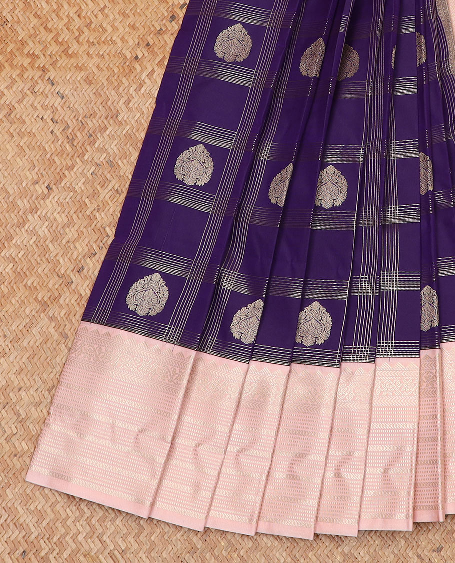 Violet zari butta enclosed checked gift saree, contrast traditional zari design rettai pettu border, and intricate pallu