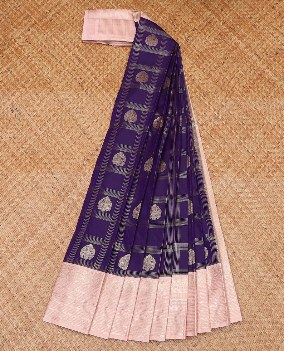 Violet zari butta enclosed checked gift saree, contrast traditional zari design rettai pettu border, and intricate pallu