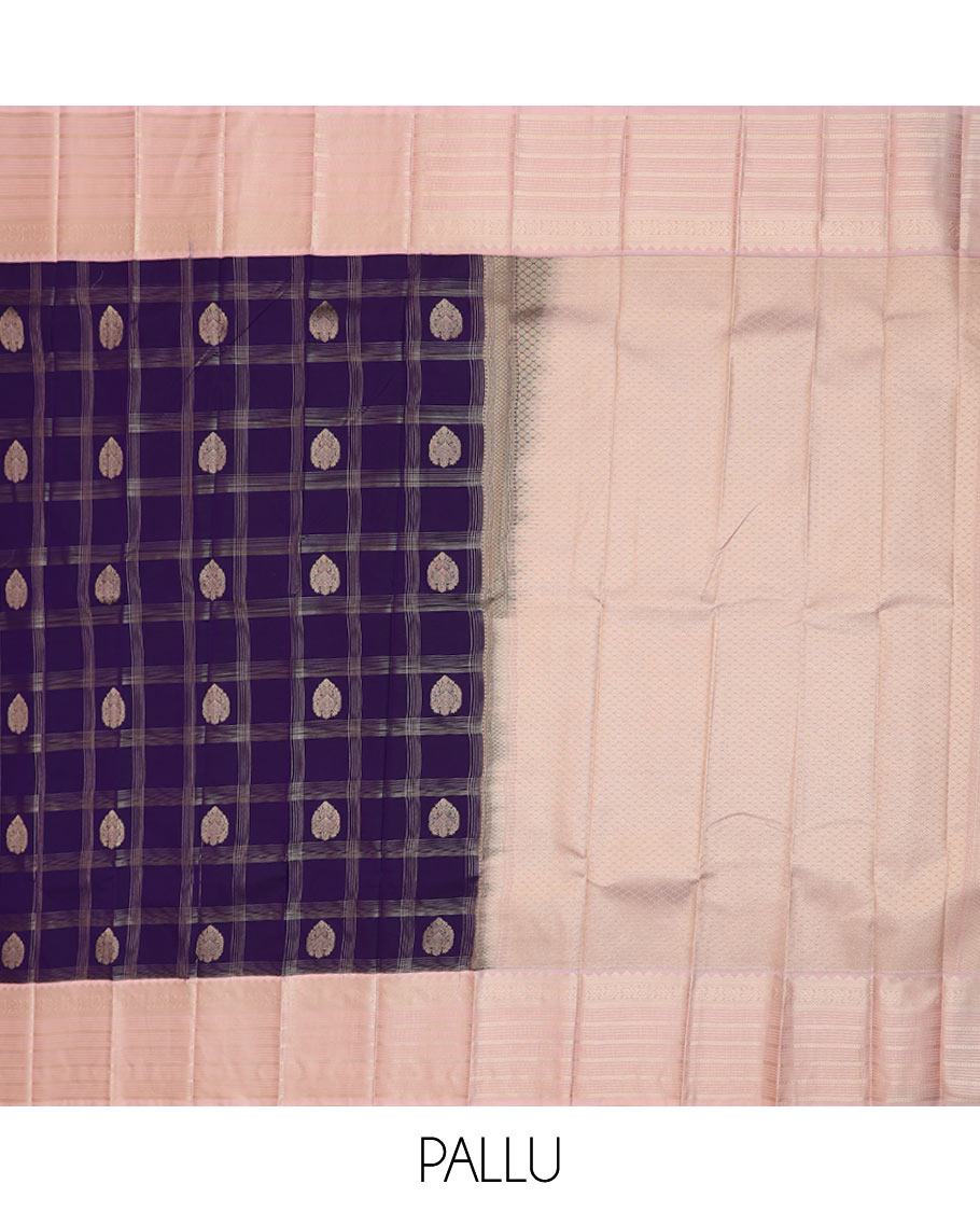 Violet zari butta enclosed checked gift saree, contrast traditional zari design rettai pettu border, and intricate pallu