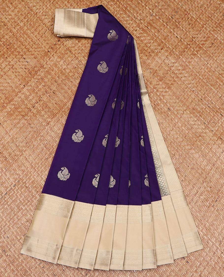 Blue buttas gift saree, contrast traditional zari design rettai pettu border, and jaal pallu