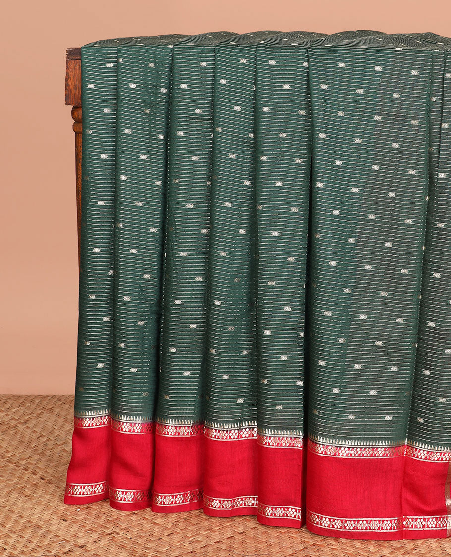 Green buttas and striped  assam silk saree, contrast traditional zari border, and pallu of zari stripes