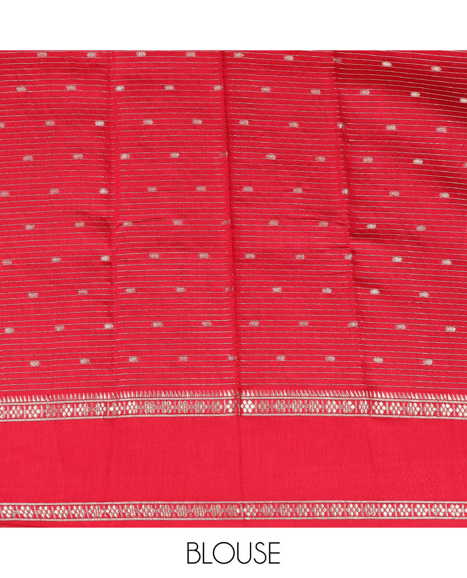 Green buttas and striped  assam silk saree, contrast traditional zari border, and pallu of zari stripes