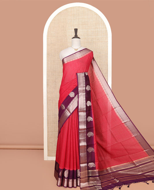 Red Assam Silk Saree Showcasing Zari Checks, Complemented by Contrast Traditional Zari Border of Paisley Designs, a Captivating Pallu of Zari Stripes, and Paired with a Contrast Blouse