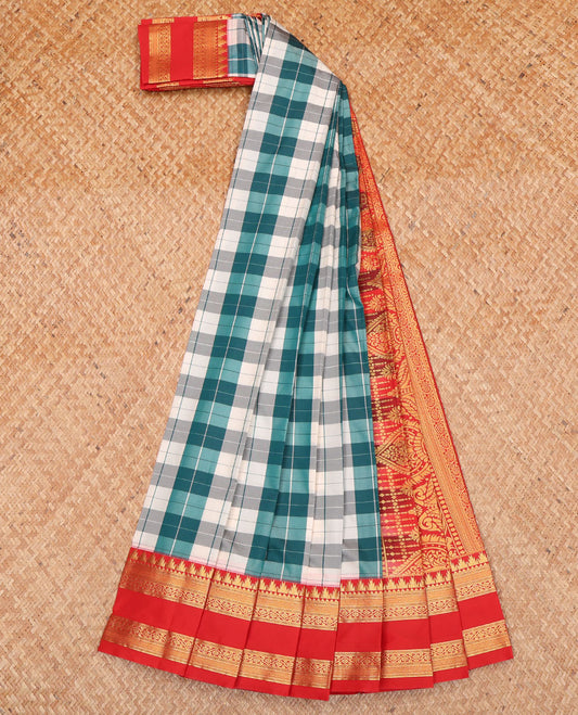 Multi-Color Checked Budget Silk Saree, Complemented by Contrast Traditional Zari Design Rettai Pettu Temple Border, a Grand Mughal-Style Intricately Designed Pallu, and Paired with a Contrast Blouse